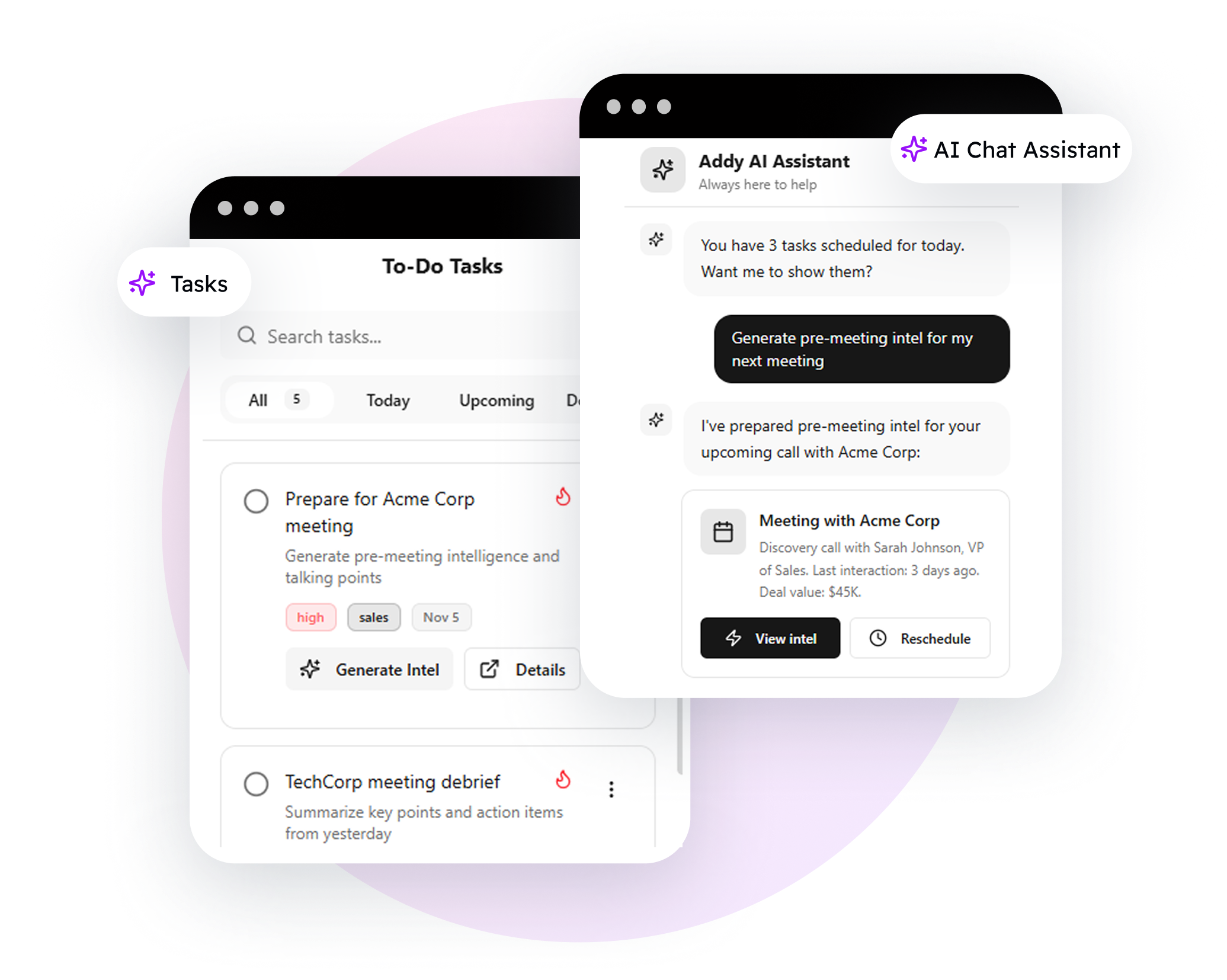AI Assistant interface showing Tasks and Chat windows side by side